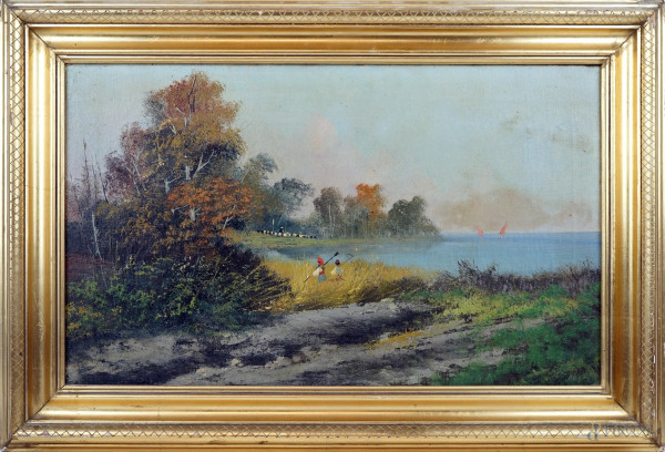 Paesaggio costiero con contadini, olio su tela, cm 30,5x49,5, XX secolo, entro cornice.