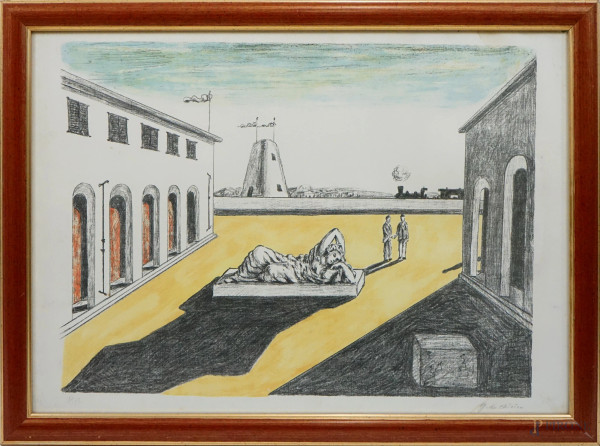 Giorgio De Chirico - Omaggio all'artista, prova d'autore a colori, cm 50x70, recante timbro a secco, entro cornice, (macchie).