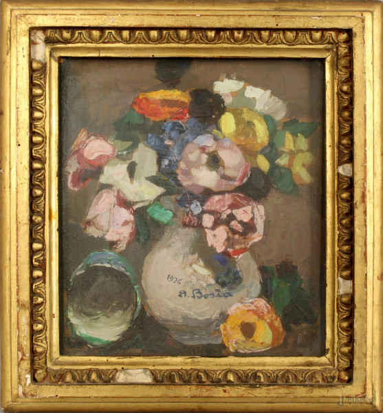 Agostino   Bosia - Vaso con fiori, olio su tavola, cm. 28,5x23, firmato.