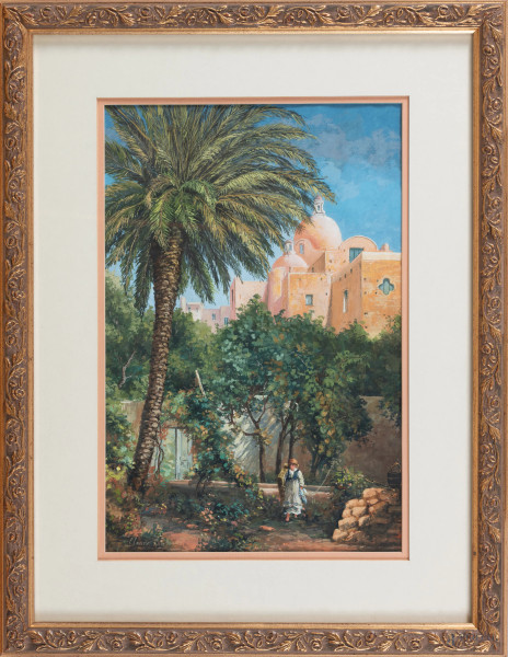 Scorcio di giardino con palma, XX secolo, acquerello su carta, cm 33x21,5, firmato in basso a sinistra, entro cornice, (ondulazioni della carta)