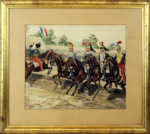Ussari francesi, acquarello su carta, cm 39x47, firmato, entro cornice, (macchie).