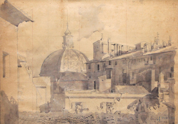 Tetti di Roma, acquarello su carta, cm 33x48, entro cornice firmato.