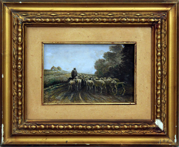 Giuseppe Carosi - Pastore con gregge, olio su cartone, 14x20 cm, entro cornice
