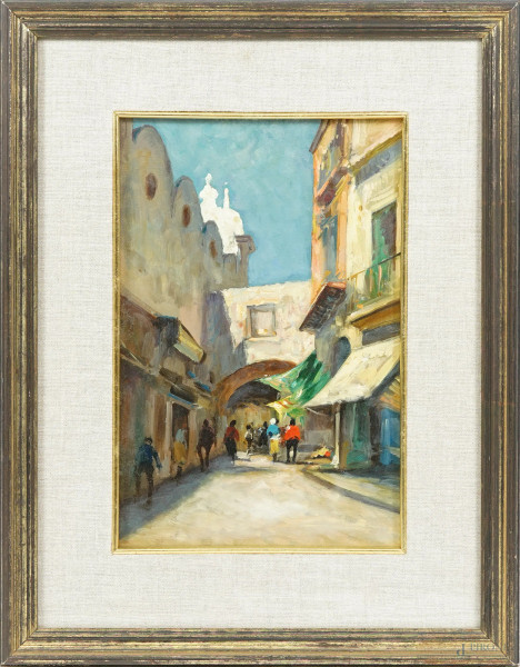 Scorcio di vicolo, sec. XX, olio su compensato, cm 30,5x20, entro cornice