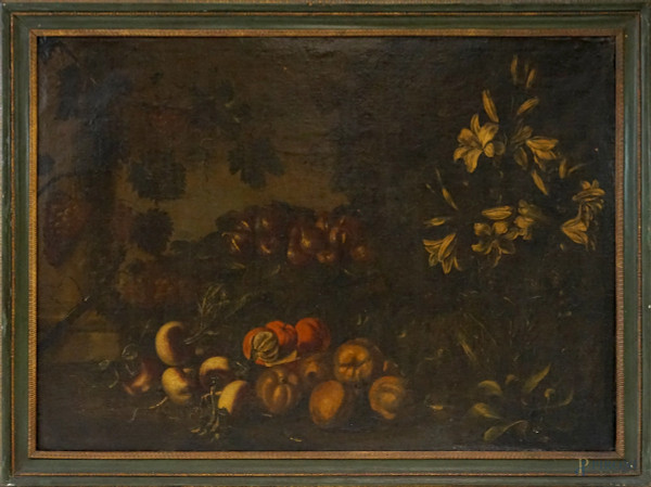 Pittore del XVIII secolo, Natura morta - Gigli, frutta ed ortaggi, olio su tela, cm 99x138, entro cornice, (difetti e cadute di colore).