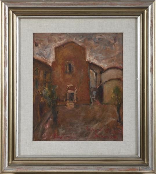 Esterno, XX secolo, olio su faesite, cm 44x36, firmato e iscritto in basso, entro cornice