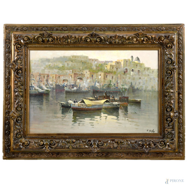 Scorcio di paese con barche, XX secolo, olio su compensato, cm 40x60, firmato in basso, entro cornice