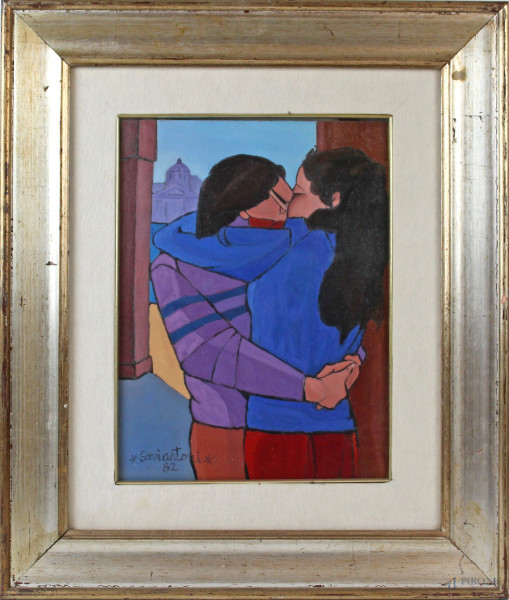 Il bacio, olio su tela, cm 40x30, firmato Saviantoni, entro cornice.
