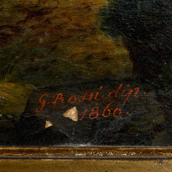 Paesaggio con figure, XIX secolo, olio su tela, cm 49x62, firmato e datato "1860" in basso a dest...