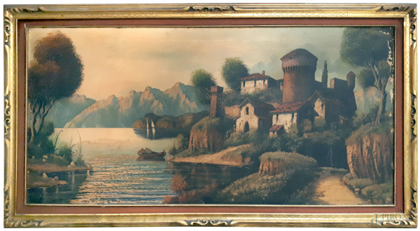 Maestro del Novecento, Paesino sul lago, grande dipinto ad olio su tela dei primi del 900, cm 60x120, firmato, con cornice coevA