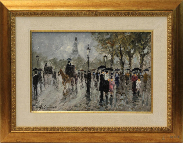 Veduta di Parigi, olio su cartone, cm 20x30, firmato De Simone, entro cornice.