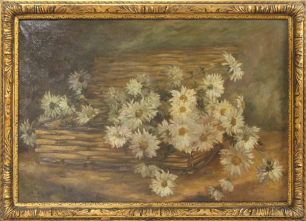 Natura morta, cesta con fiori, olio su tela, firmato, cm. 63x93, entro cornice.