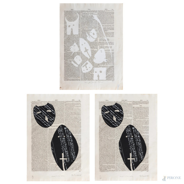 Lotto di tre stampe litografiche su pagine di dizionario, cm 41x29,5, firmate (segni di usura, bruniture, tracce di umidità, ondulazioni, strappi)