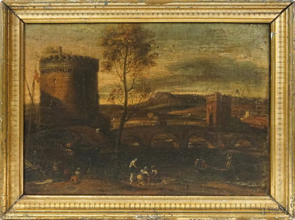 Cerchia di Adriaen van der Cabel (Rijswijk 1630 - Lione 1705), Paesaggio fluviale con ponte e viandanti, olio su tela, cm 29,4x40,7, entro cornice