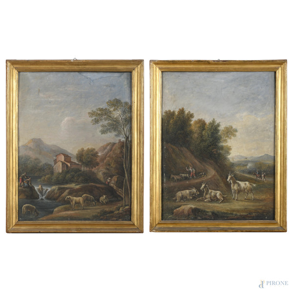 Coppia di paesaggi con armenti, XIX secolo, olio su tela, cm 56x43, entro cornice, (segni di usura, craquelure, abrasioni, lacerazioni, cadute di colore)