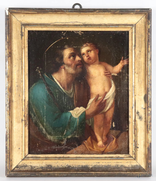 San Giuseppe con Gesù Bambino, XVIII secolo, olio su tela, cm 32x26, entro cornice, (segni di usura, abrasioni, cadute di colore, lacerazioni, difetti)