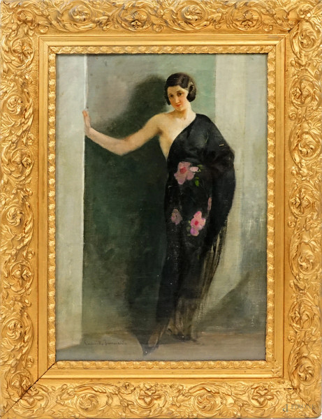 Ritratto di donna, olio su tela riportata su legno, cm 60x41,5, firmato, entro cornice.