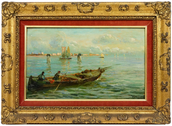 Barche in laguna, olio su tavola, firmato, cm 24,5x40, in cornice