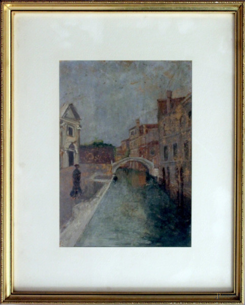 Canale di Venezia, olio su cartoncino, inizi XX sec., cm 25 x 18, entro cornice.