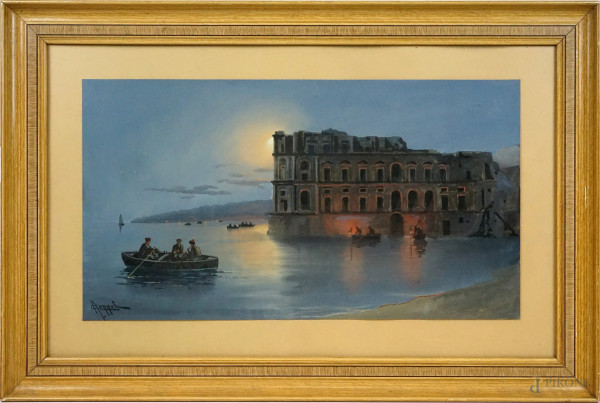 Notturno con pescatori di fronte a Palazzo Donn'Anna, tempera su carta, cm 32x59, firmato A. Coppola, entro cornice.