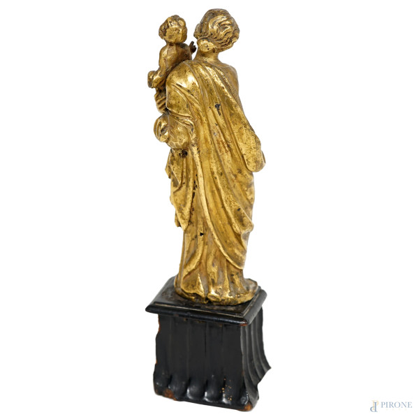 Madonna con Bambino benedicente, scultura in bronzo dorato, XVIII-XIX secolo, cm h 14, poggiante ...
