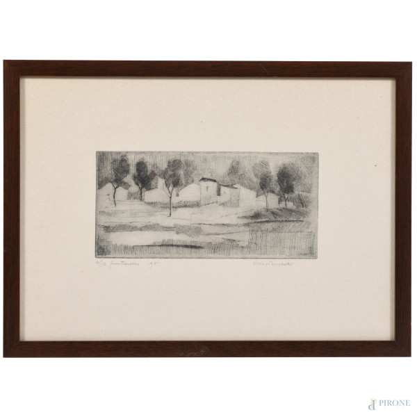 Piero Turchetti (1922-2010), Paesaggio, puntasecca, 1901, es. 4/12, cm 35x25, entro cornice