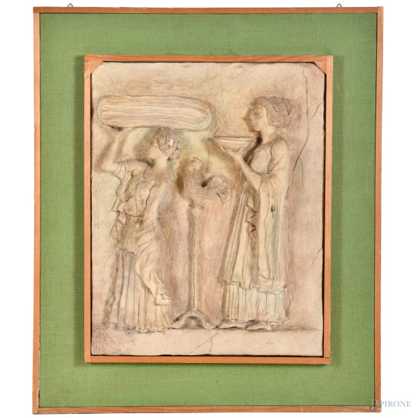 Rilievo in terracotta con figure femminili, XX secolo, cm 47x37 entro cornice con passepartout