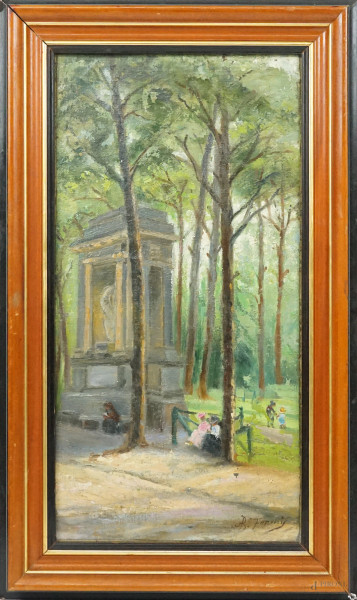 Parco con figure, olio su cartone telato, cm 48x27, firmato, in cornice