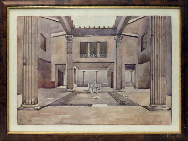 Scorcio di Pompei, acquarello su carta, cm 45x65, entro cornice.