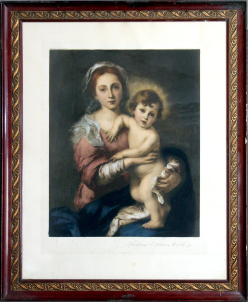 Bartolomeo  Estebau Murillo - Madonna con bambino, incisione, cm. 80x63, entro cornice.