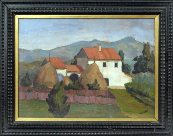 Paesaggio con fattoria, olio su legno, 48x36 cm, entro cornice firmato, primi 900