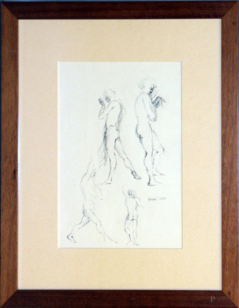 Figure, disegno su carta, cm 23x33, entro cornice firmato Francesco Porcari.