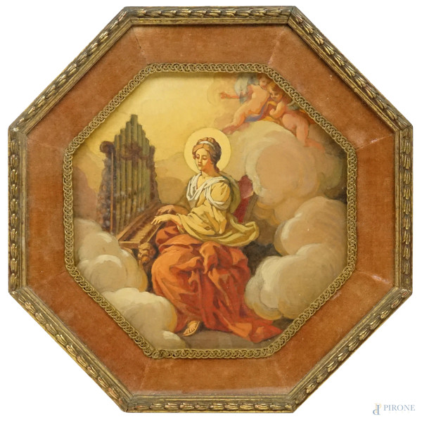 Eugenio Cisterna - Santa Cecilia suona l'organo, olio su tavola, cm 22x22 circa, entro cornice di linea ottagonale.