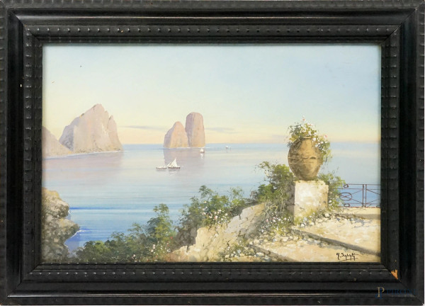 Faraglioni di Capri, tempera su carta, cm 32x49, firmato G. Salvati, entro cornice.