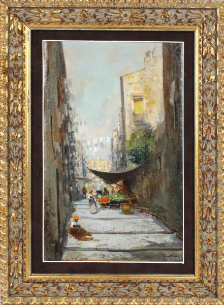 Oscar  Ricciardi - Vicolo napoletano con mercato, olio su tela, cm. 42x29, entro cornice.