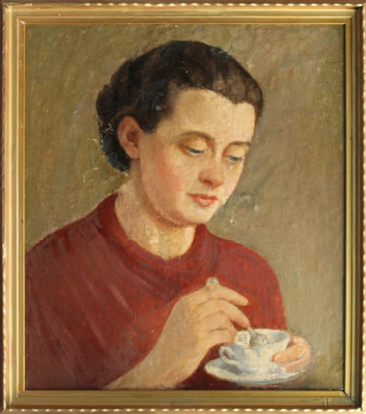 Busto di donna con tazza, olio su tavola, primi &#39;900, cm 39 x 45, entro cornice.