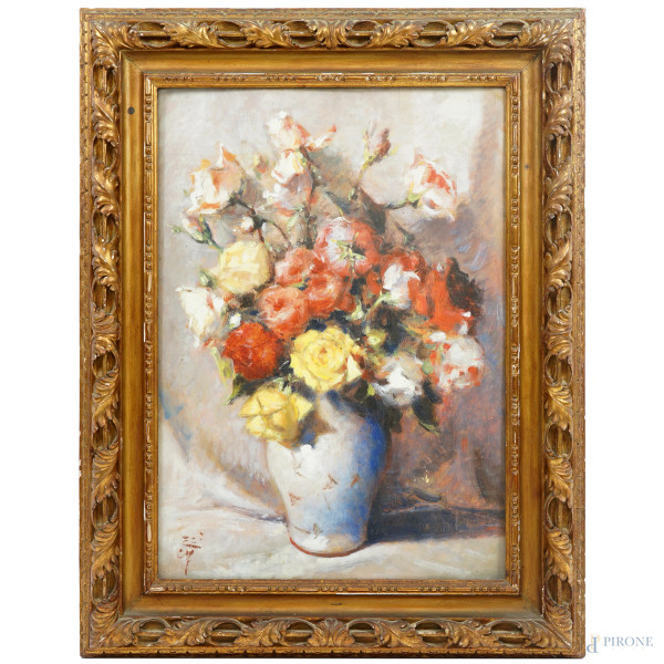 Vaso di fiori, olio su tavola, XX secolo, siglato in basso a sinistra, cm 70x50, entro cornice