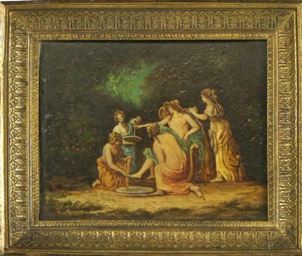 Apollo e le Muse, miniatura dipinta ad olio, cm 8x10, XIX secolo, entro cornice in bronzo.