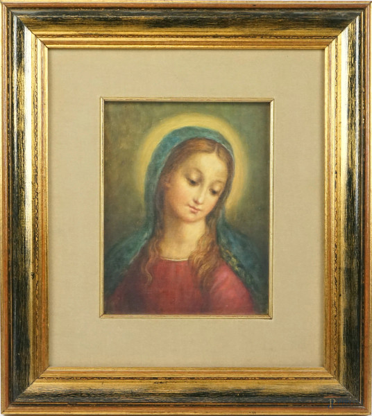 Madonna, olio su cartone telato, cm 20,5x16 circa, XX secolo, entro cornice.
