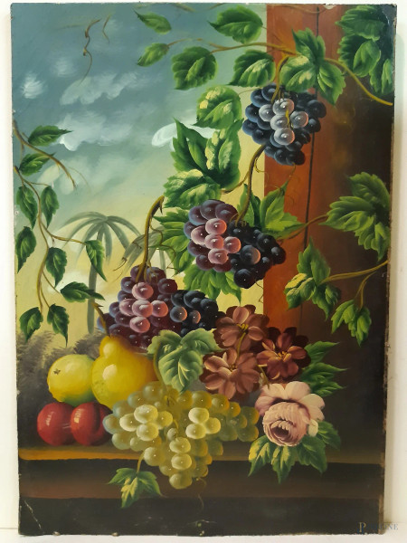 Natura morta, dipinto olio su tela riportato su compensato 46x66.