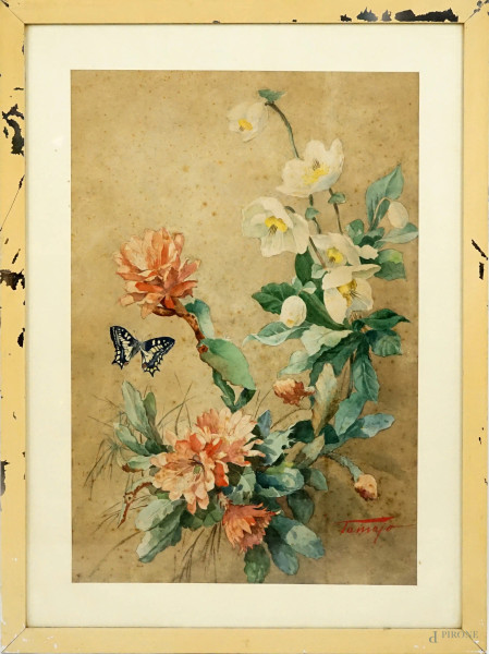 Fiori e farfalle, acquarello su carta, cm 72x49, firmato, entro cornice, (macchie).