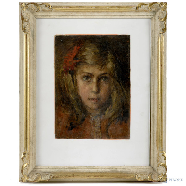Volto di ragazza, olio su cartone, XX secolo, cm 31,5x22,5 entro cornice