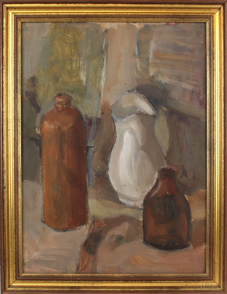 Natura morta, bottiglia e vasellame, olio su tavola, cm 42x30, dipinto double face, XX secolo, entro cornice