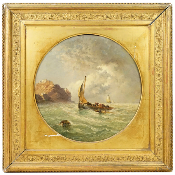 Arthur Joseph  Meadows - Veliero in tempesta, olio su tela, cm 33x33, in cornice