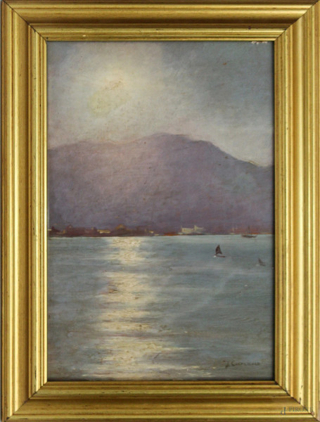 Scorcio di lago, dipinto ad olio su tavola firmato, cm 36 x 23, entro cornice.