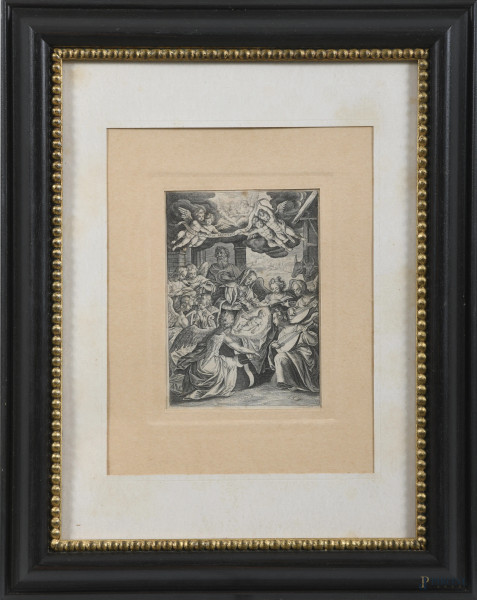 Incisione raffigurante Natività con angeli musicanti, XIX secolo, cm 37x27 compreso passepartout, (segni di usura, tracce di umidità, ondulazioni della carta)