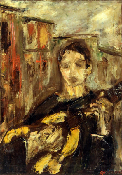 Figura con chitarra, olio su tela, cm. 70x50, firmato Frumenti.