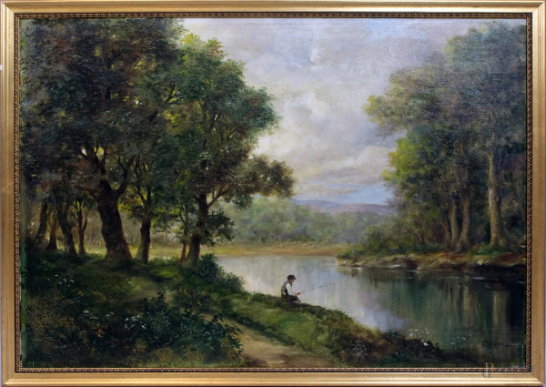 Giuseppe Cecconi - Paesaggio fluviale con pescatore, olio su tela, cm 70x100, entro cornice