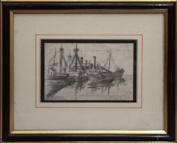 Porto, disegno a matita su carta, 12x18 cm, entro cornice firmato