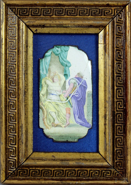 Placca del XVIII secolo in smalto dipinto, altezza 7,5x4 cm, entro cornice, (fil&#233;).